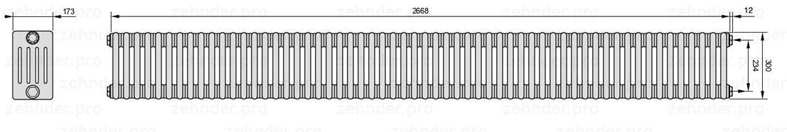 Схема (чертеж) Радиатор Zehnder Charleston 5030/58 №7610 Белый глянцевый RAL 9016